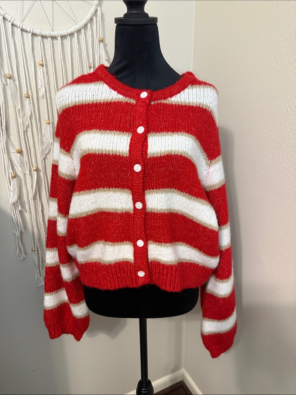 New Striped Red and White Button-Front Women's Cardigan